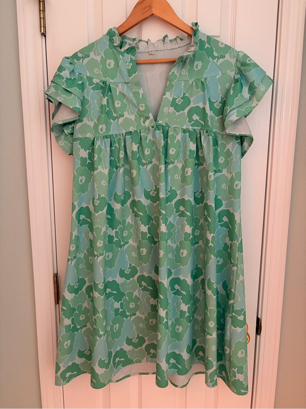 Women’sGreen Floral Ruffle Dress Above Knee - XL